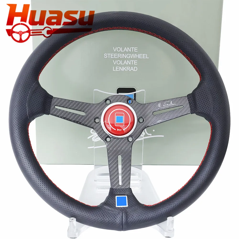 Racing Steering Wheel Concave Red Line Car Sport Carbon Fiber Steering Wheel 14inch 350mm Perforated Leather Universal