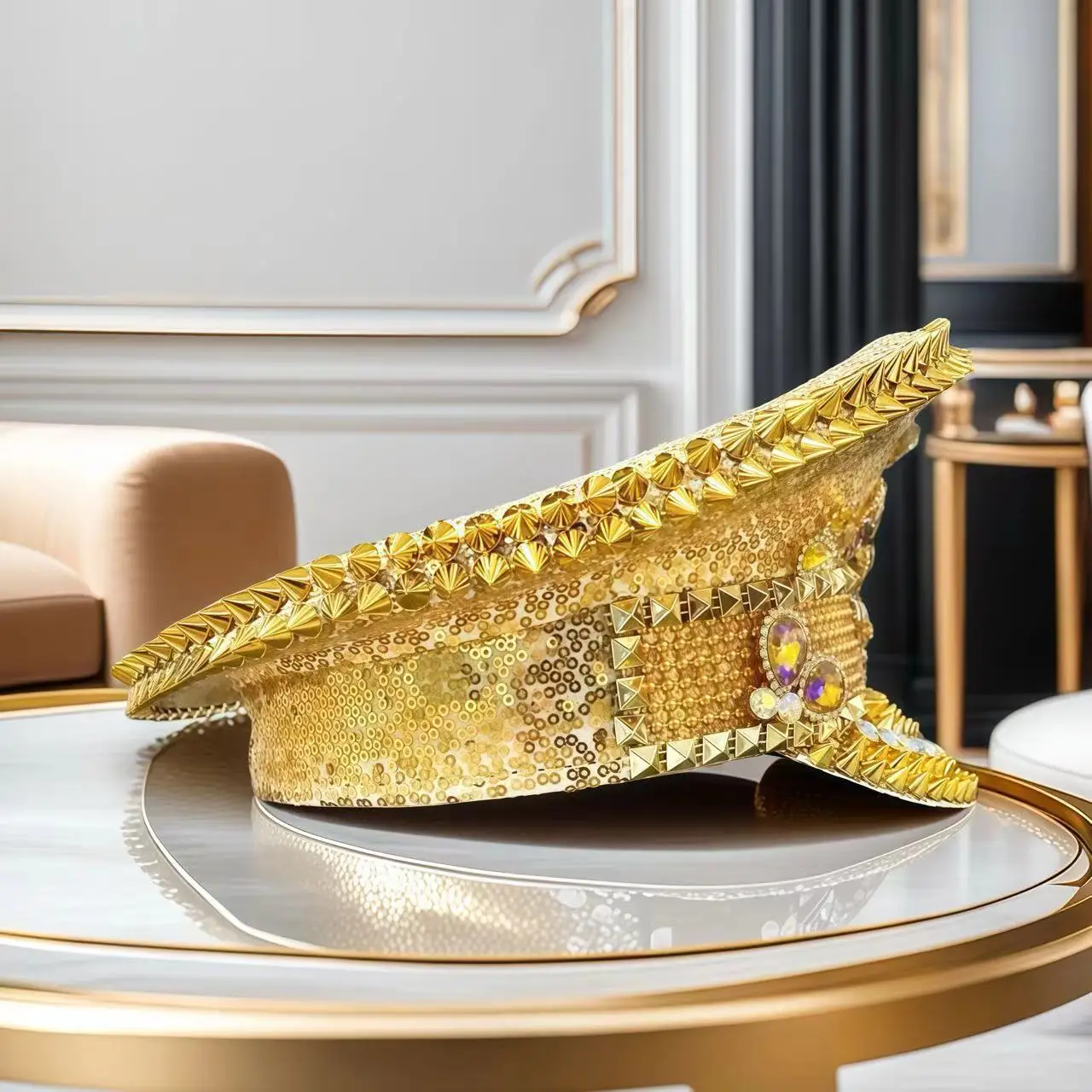 HongLuan Yellow Laser Leather Loop Captain Hat Rhinestone & Military Caps for Woman, Rave Festivals Accessories ＆ Party Cap Man