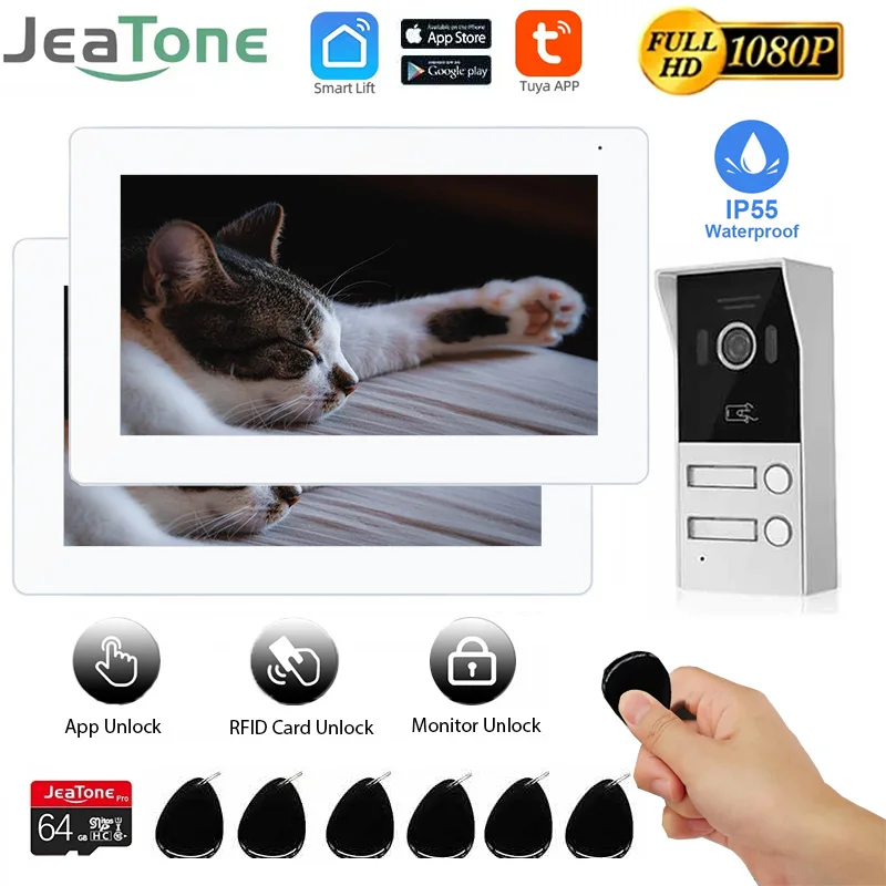 Jeatone 2 Wire WiFi Doorbell Video Intercom 7 Inch 1080P Touchscreen Monitor Kits for Home Doorphone Tuya Smart Camera Control