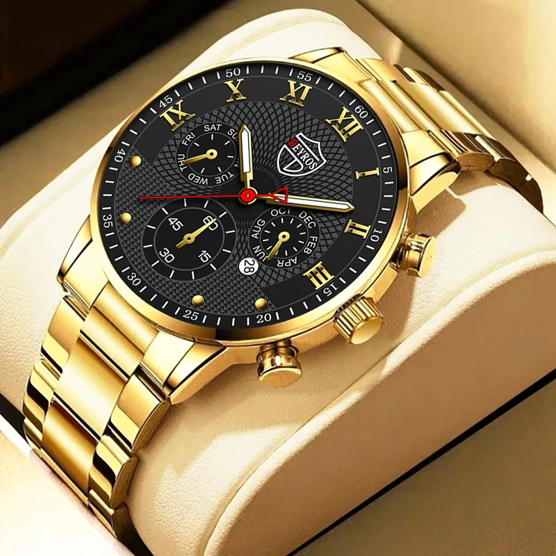 Luxury Business Quartz Leather Watches for Men 2023 Golden Yellow Stainless Steel Calendar Casual Man' Watches relogio masculino