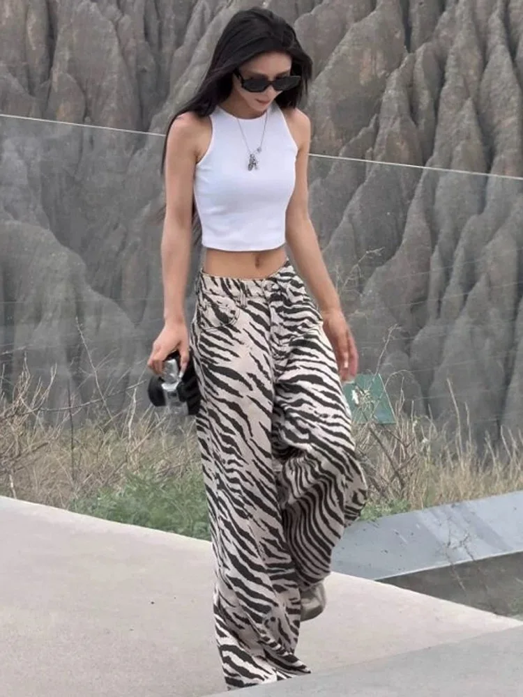 Y2K 여성용 얼룩말 무늬 청바지 미국 스타일 스파이시 걸 하이웨이스트 슬림 스트레이트 레그 바닥까지 닿는 와이드 레그 롱 팬츠