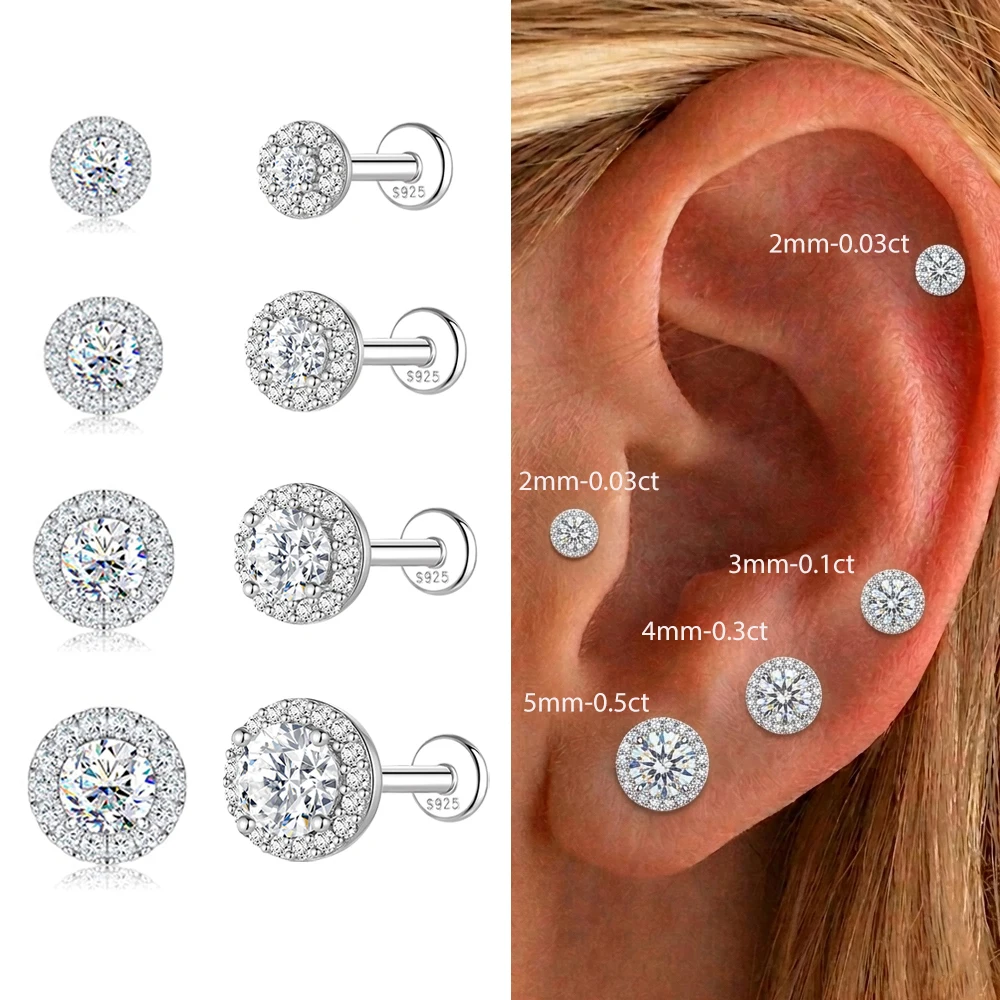 Aide S925 Sterling Silver Moissanite Halo Cartilage Studs 2/3/4/5mm Screw Back Piercing Earring Stackable Ear Jewelry for Women
