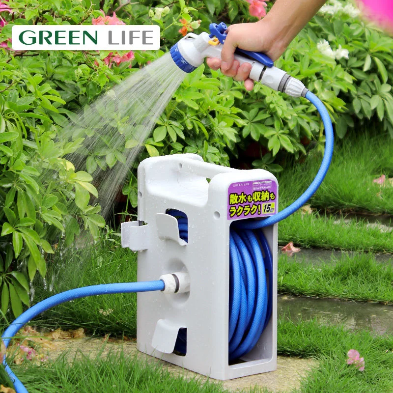 GRRENLIFE Japanese-made 15-meter watering hose set, including hose reel, stand, and watering hose, suitable for car washing, cle
