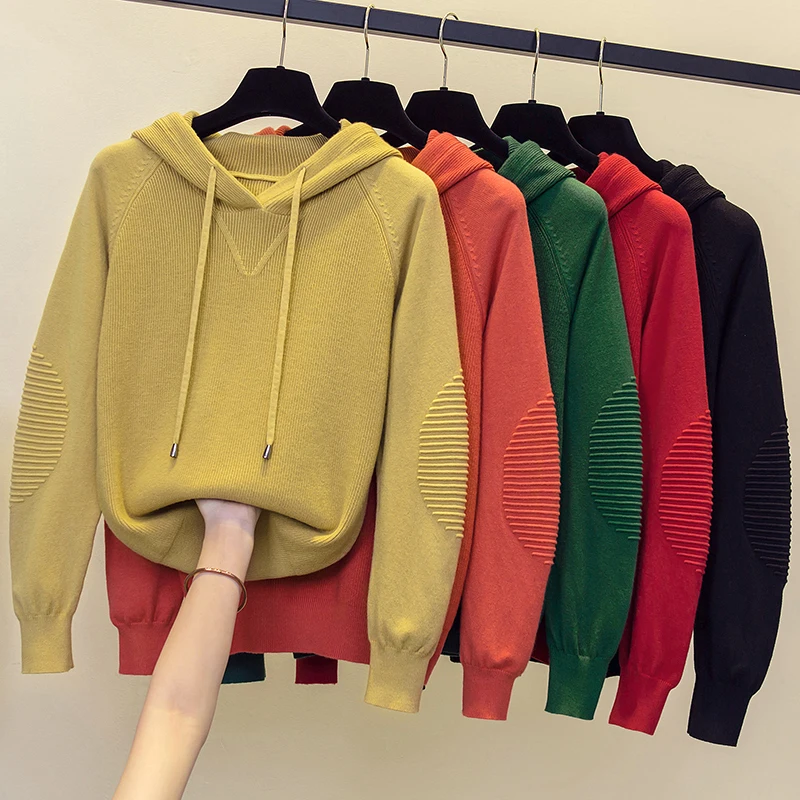 

Loose Hooded Sweaters Women Solid Knitted Pullover Fall Winter Casual Knitwear Sweatshirt Lady All Match Long Sleeve Sweater Top