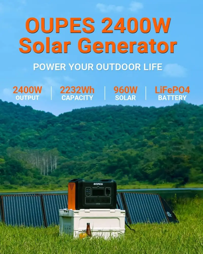 휴대용 발전소 태양광 발전기, 비상 LiFePO4 배터리 발전기, 2400W 2232Wh, AC 콘센트 5 개 포함 (5000W 피크)