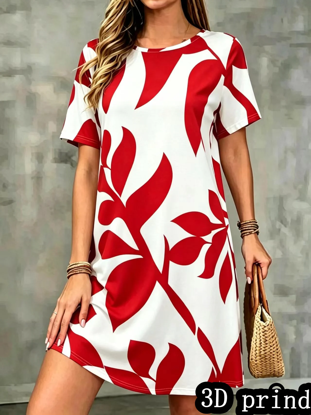 Summer women's Mini dress Fashion leaf pattern print Short Sleeve Loose Casual A-Line Dress boho Beach Party Women dress