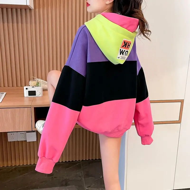 Color Blocking Autumn Winter Plush Hoodie Loose Long Thick Hooded Top Fashionable Versatile Women's Clothing 2025 New Pullover