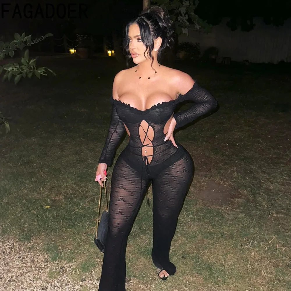 FAGADOER Sexy Hollow Out Bodycon Jumpsuits Women Off Showlder See Through Long Sleeve Rompers Female Streetwear Overalls New