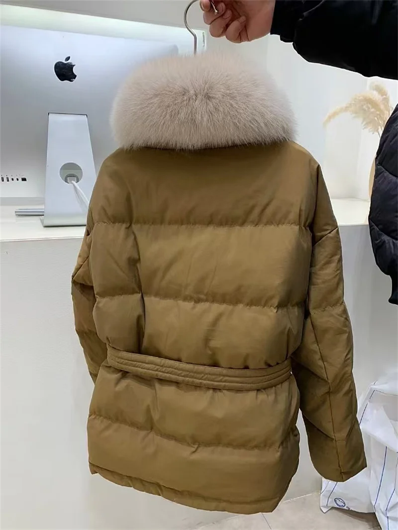 Real Fox Fur Collar Winter Women White Duck Down Short Jacket Belt Female Thick Warm Coat Luxury Slim Outerwear