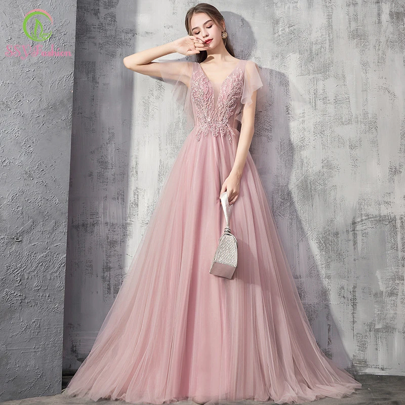 

SSYFashion New Sweet Pink Evening Dress Banquet Elegant V-neck Lace Appliques Long Prom Formal Party Gown Vestidos De Noche