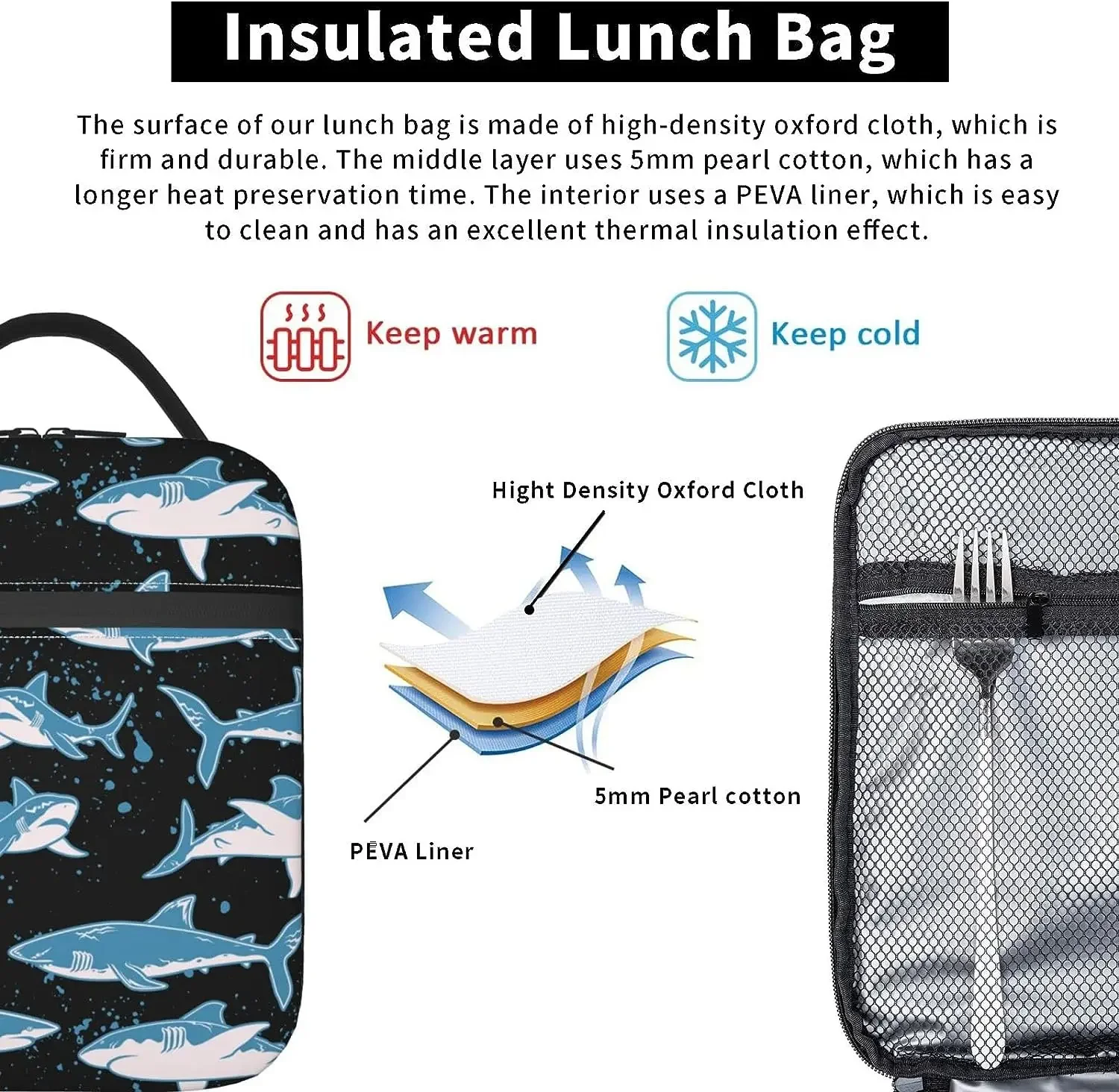 Shark Thermal Lunch Bag for Teens Kids Leakproof Cooler Tote Bags Reusable Insulated Lunch Box for Office School Picnic Travel