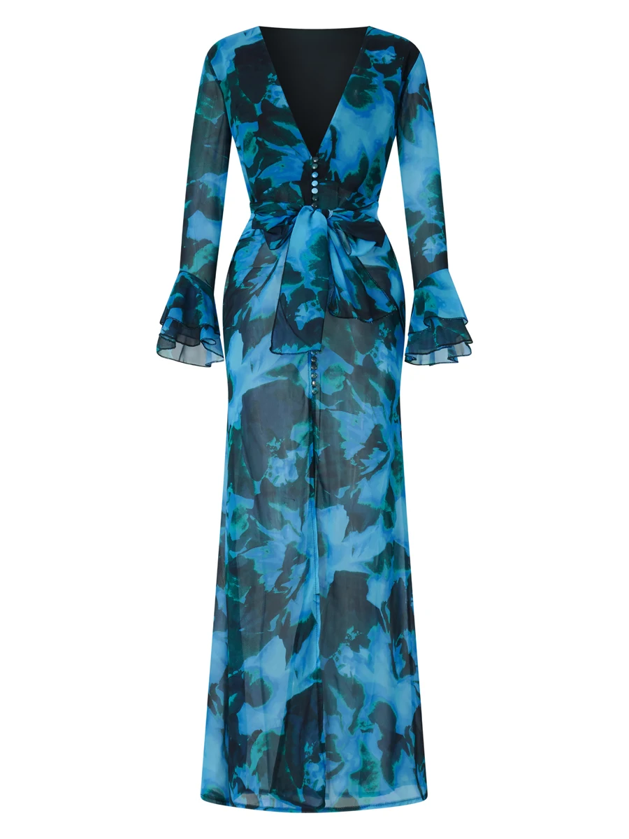 Elegant Blue Floral Print Long Sleeve Long Dress for Women Ruffle See Through Summer Beach Coverups Vacation Party Y2k