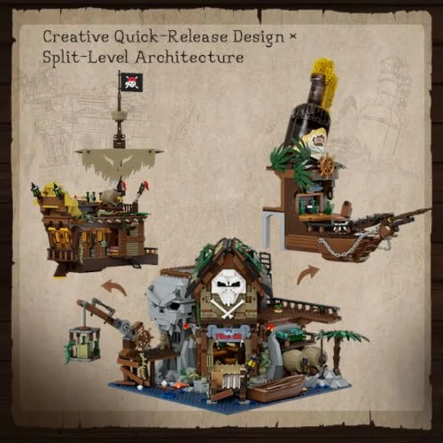 Kit de construcción de pub pirata, cubierta de arquitectura de taberna de naranja Modular con barra de terraza, botella de ron y figuras de pirata, Naut creativo