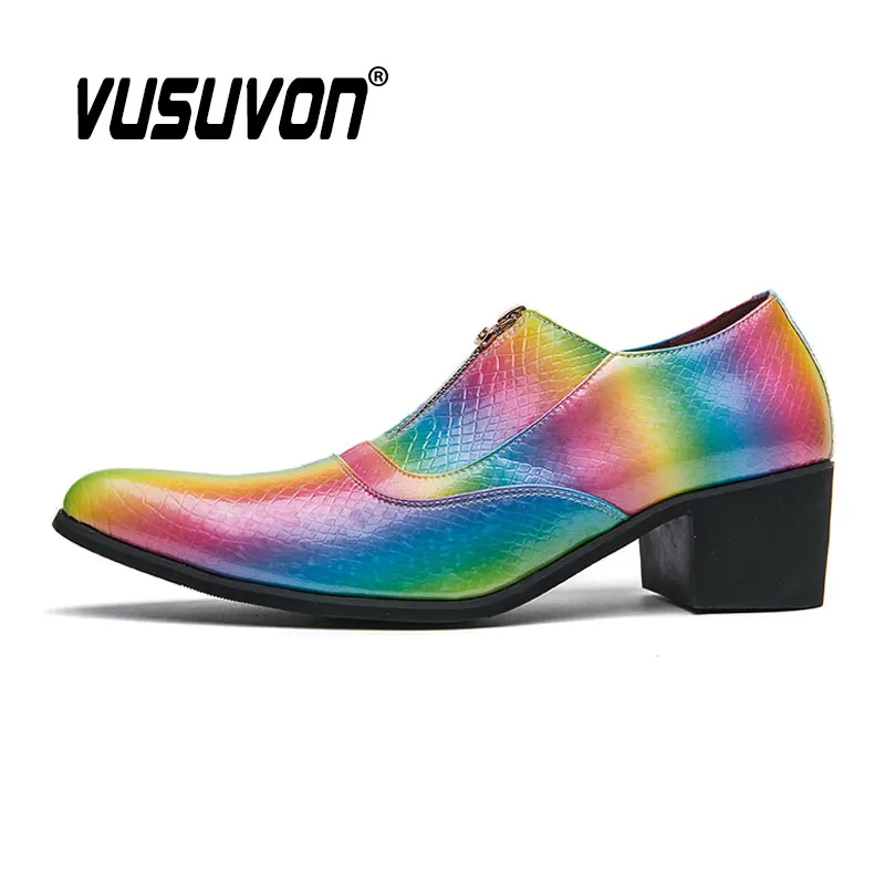 Men Zip Loafers 5CM Heel Rainbow Patent Leather Breathable Shoes Soft Outdoor Casual Summer Mules Dress Fashion Sandals Flats