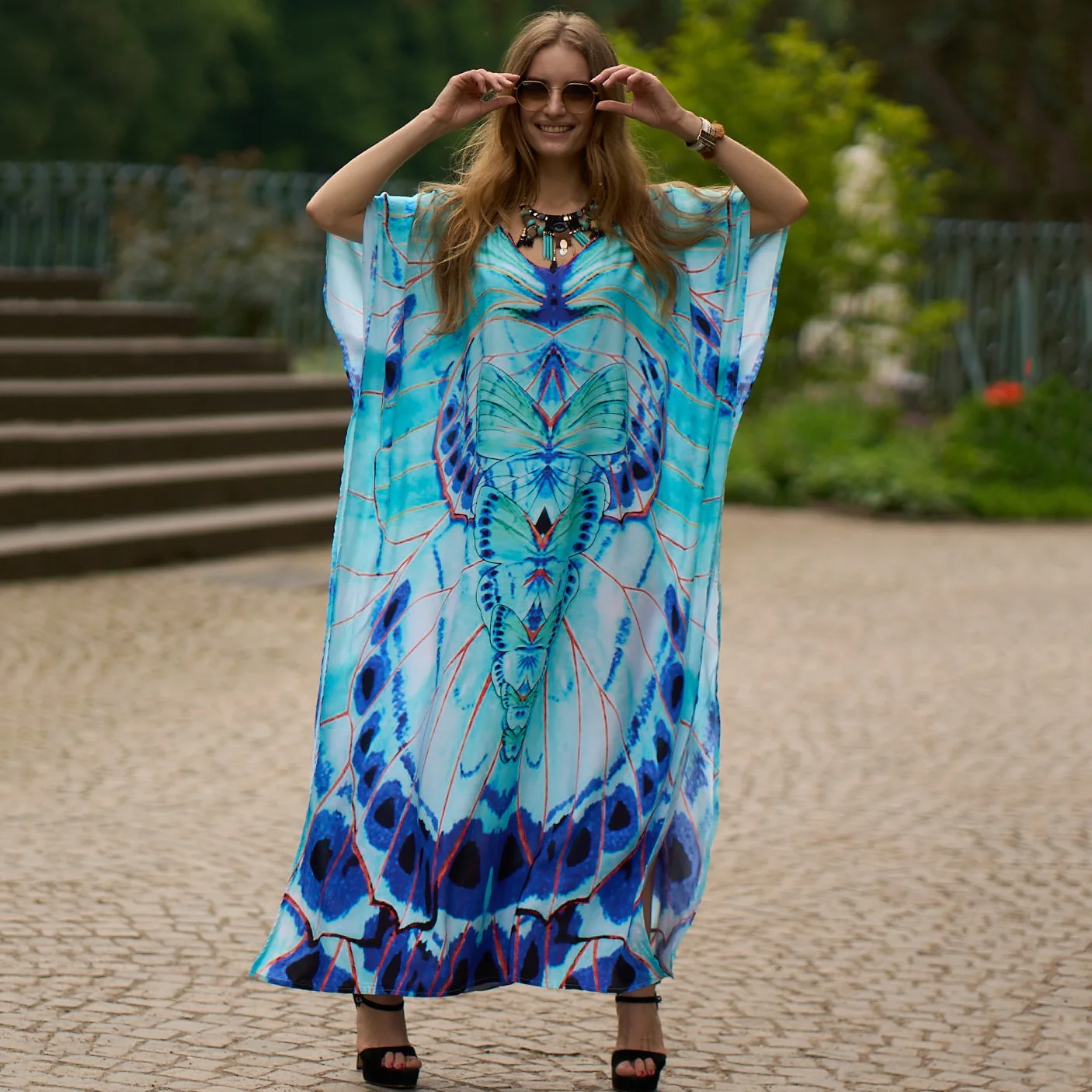 Vestido de praia de verão para mulheres, estilo boho, encobrimento, aconchegante, malha à mão, decote em v, manga de morcego, kaftan