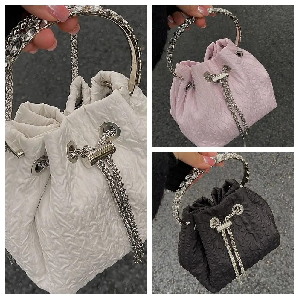 Bolso de cubo con cordón y Asa de diamante para niña, bandolera con cadena, Color sólido, Oxford, ajustable, plisado