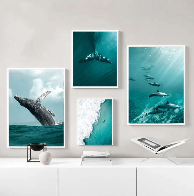 Nature Ocean Animal Whale Breaching Tail Dolphin Wall Art Nordic Canvas Print Painting Waves Seascape Poster Living Room Picture