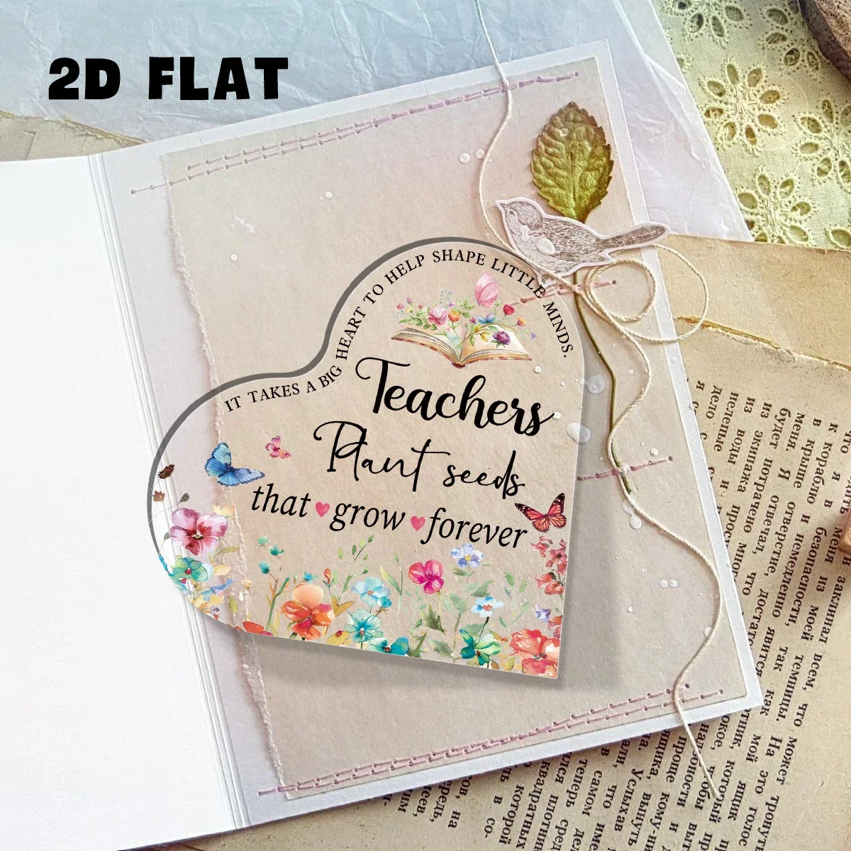 Heart Acrylic Plaque Teacher Appreciation Gift Wildflower Butterfly Book Desk Decor