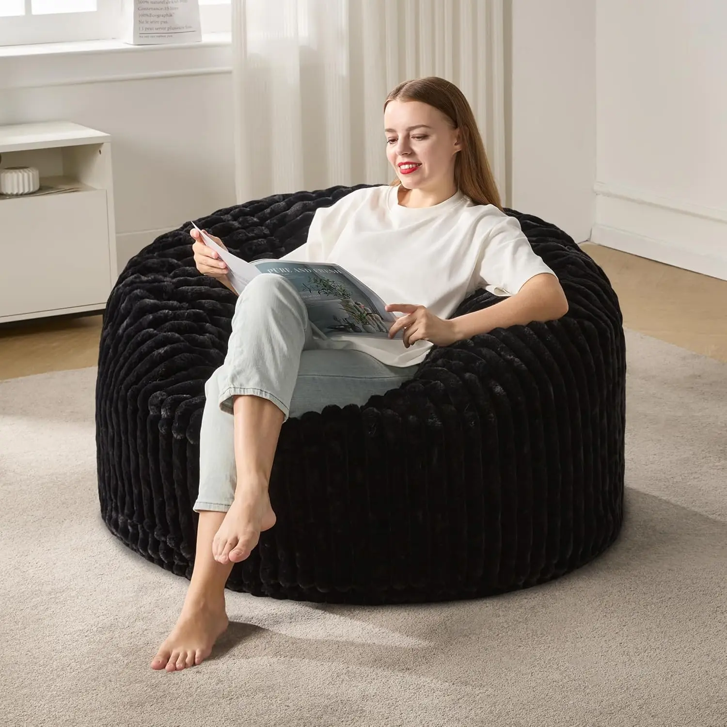 

Large 3ft Bean Bag Chair with Stripe Plush Cover for Living Room Bedroom Office - Black (36x36x22)