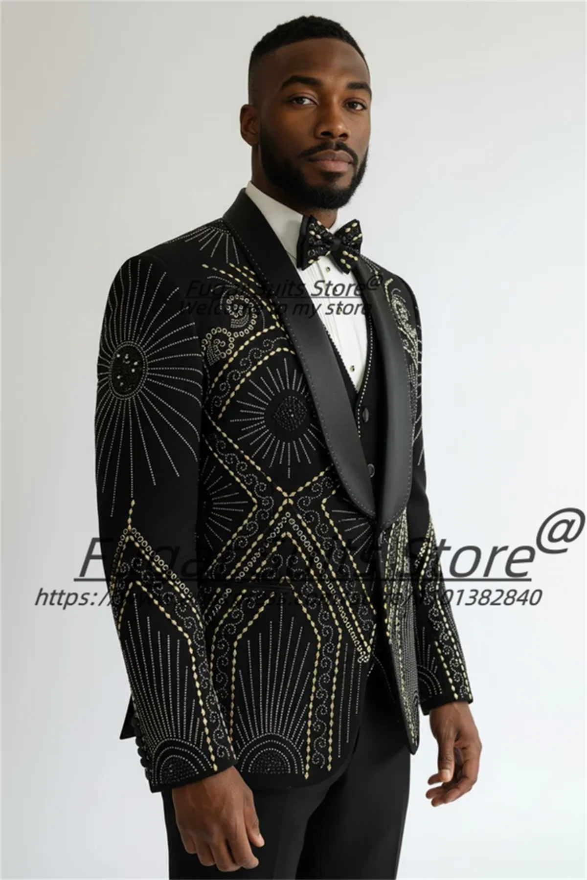Luxurious Black High-end Beading Groom Wedding Tuxedos Customized Slim Fit Shawl Lapel Men Suits 3Pieces Sets trajes para hombre