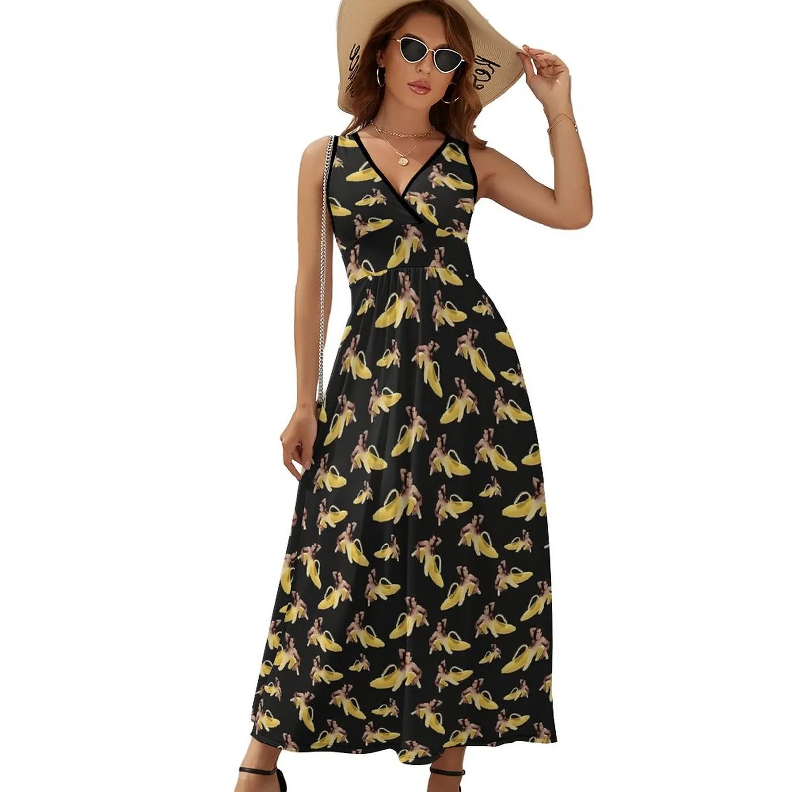 Meme Nicolas Cage Banana Dress Female  Beach Maxi Dress V Neck High Waist Aesthetic Graphic Bohemia Long Dresses