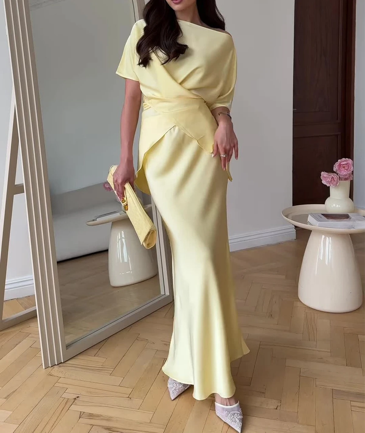 Primavera verão cetim vestido longo terno branco elegante tripulação pescoço cruz tie-up topo & bodycon saia conjunto 2 peça chique sólido mulher outfit