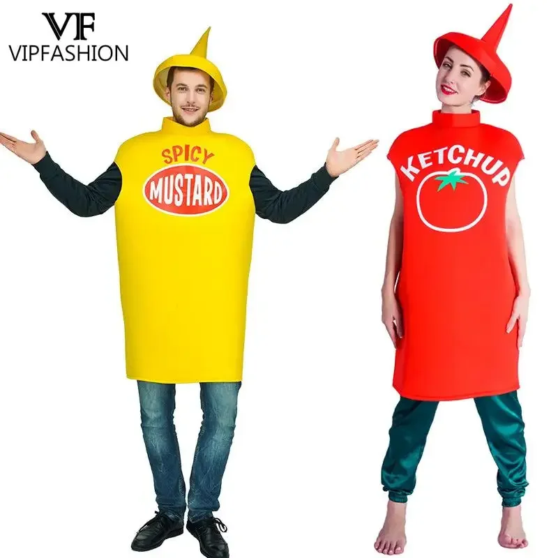 VIP FASHION coppia Costume Cosplay piccante senape Ketchup vestito di Halloween divertente vestito da festa con cappello donna uomo vestiti per le vacanze