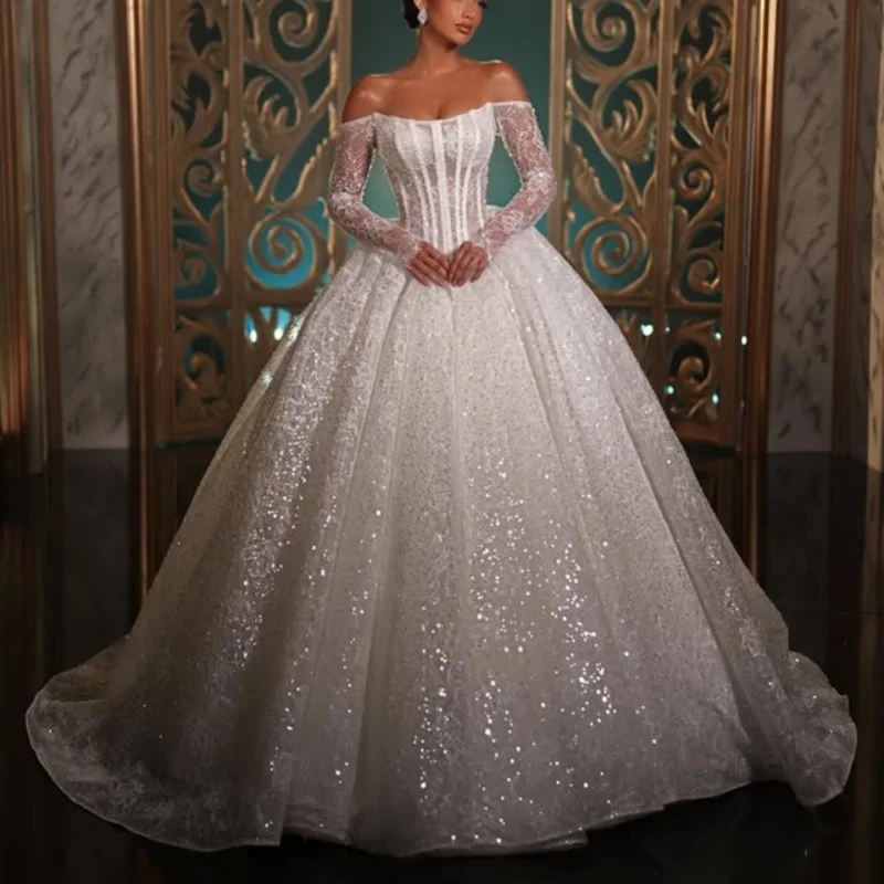 luxury Shiny White Appliques Wedding Dresses glitter decal long sleeves puff skirt Gowns Made wedding dress Bridal Gown