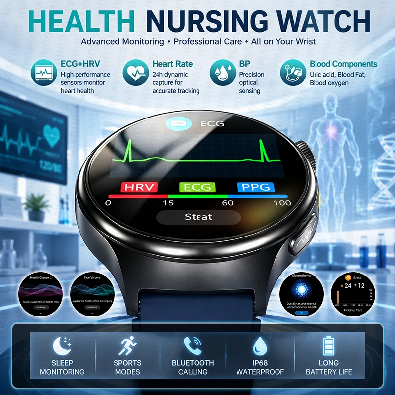 Nouvelle montre connectée pour hommes, non invasive, avec fonctions d'ECG, de mesure de la tension artérielle, de SpO2, de fréquence cardiaque, de composition sanguine, de température corporelle, d'examen complet du corps, d'appel Bluetooth.