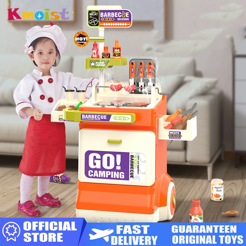 Fingir conjunto de brinquedos de cozinha crianças churrasco carrinho de comida pulverização névoa crianças role play casa presentes caixa embalado cozinhar divertido jogo de família brinquedos
