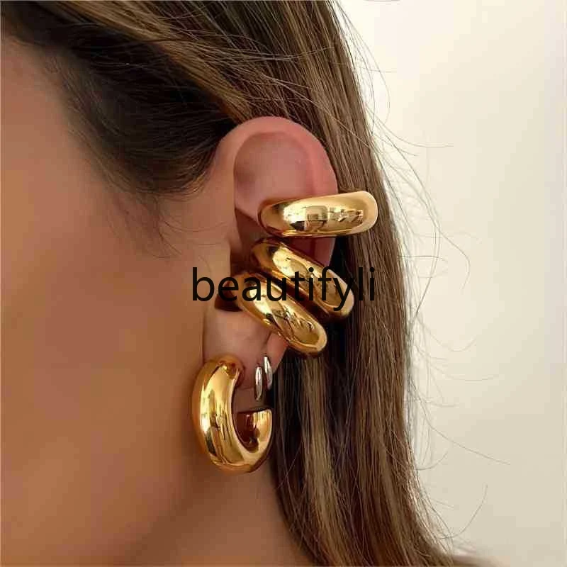 Titanium steel thick cylindrical hollow earrings 18K gold stainless steel non-fading earrings