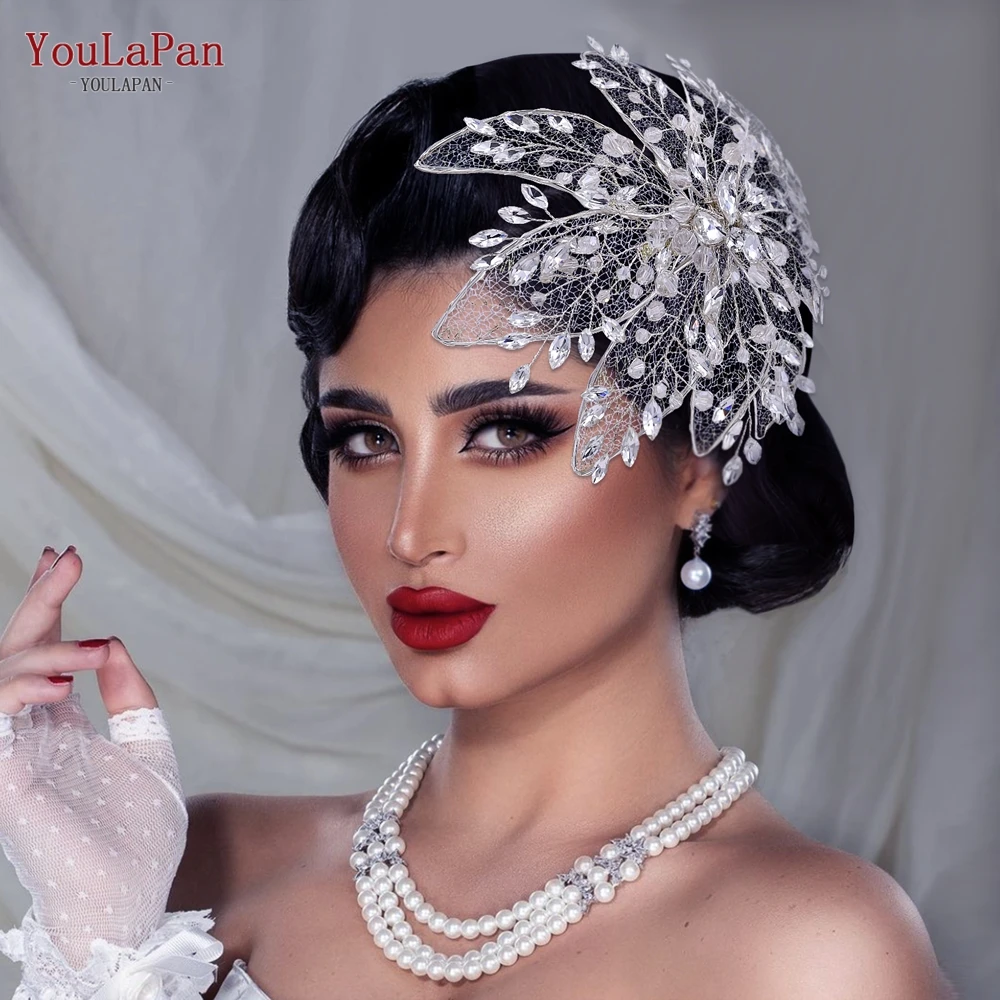 YouLaPan Vintage Headband Wedding Hair Jewelry Bridal Crown Silver Rhinestone Wedding Tiara Feather Wedding Headpieces HP217