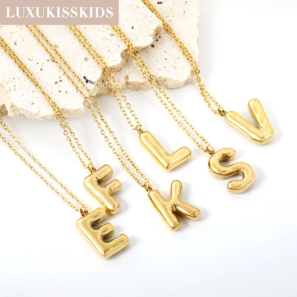 LUXUKISSKIDS Smooth Mental Bubble Letters Initial Necklace Women/Man Steel Ladies Colar Balloon 26 Alphabet Gold Plated Jewellry