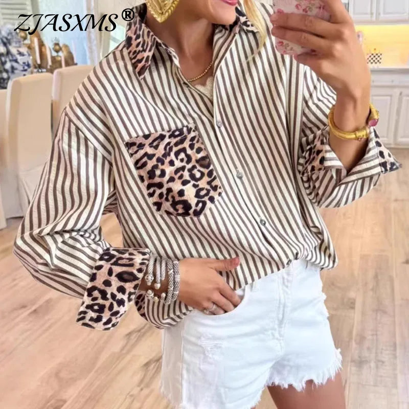 

Vintage Leopard Patchwork Striped Print Blouse Woman Elegant Single Breasted Lapel Shirt Autumn Long Sleeve Female Top Cardigans