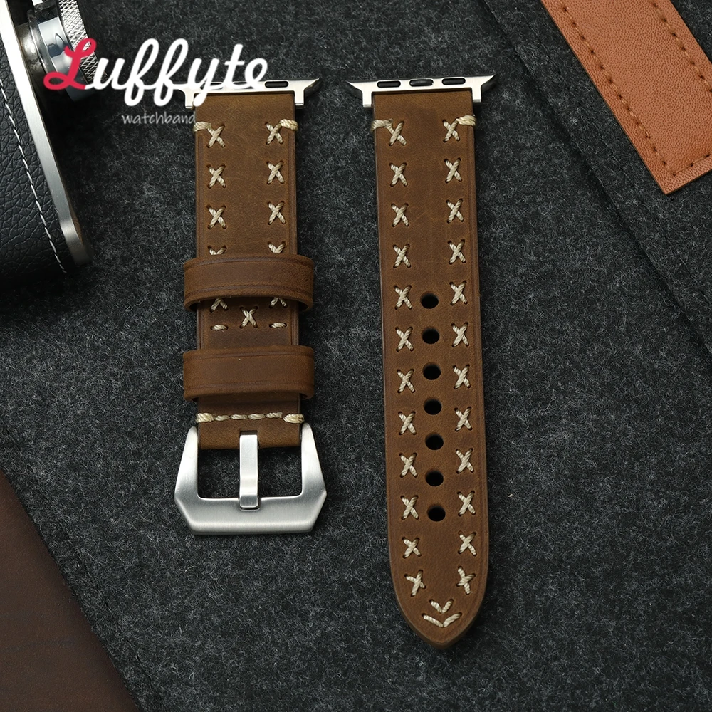 Dickes Crazy Horse-Lederarmband für Apple Watch 1–10, Ultra SE 2, Handgenähtes Armband für IWatch 38/40/41/42/44/45/46/49 mm