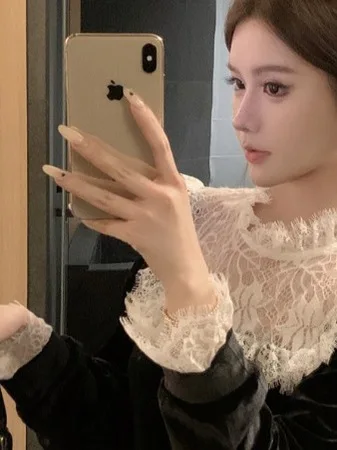 

Bla Lace Patchwork Velvet irt Women's Autumn Elely Slim Long Sve Design Unique Top French Sle Cotton 00% Modal ...