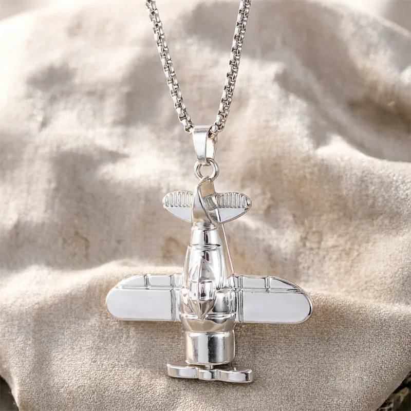 Unisex Airplane Pendant Necklace Korean Style Stainless Steel Hip Hop Sweater Chain for Boys Girls