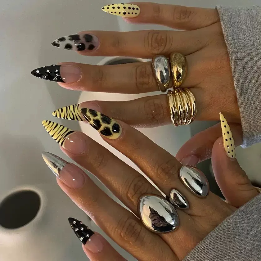 10 Stück High-End-Nagel mit Leopardenmuster, gepunktet, kontrastierendes Farbdesign, handgefertigt, Nagel mit französischer Spitze – Detail 7