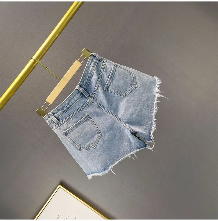 New Heavy Embroidery Diamond Drills Denim Shorts Women's New Blue Color High Waist Raw Hem A-line Pants Slimming High-End Shorts