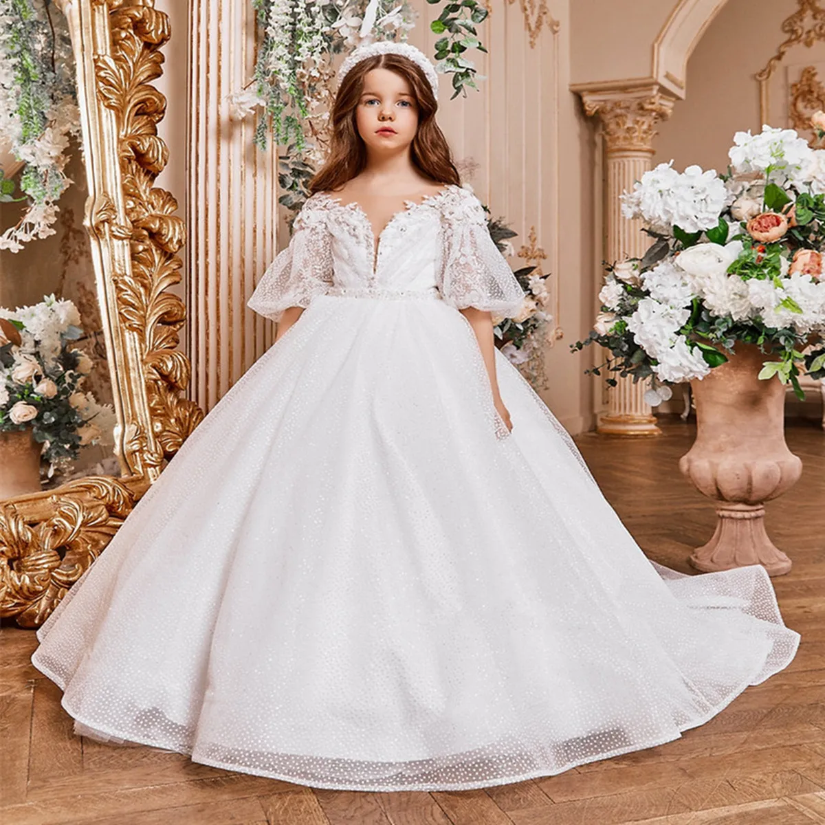 

A+A+Half Sleeves Ivory Polka Dot Flower Girl Dresses V Neck For Wedding Guest Kids Bridesmaid With Belt Lace Appliques Tulle