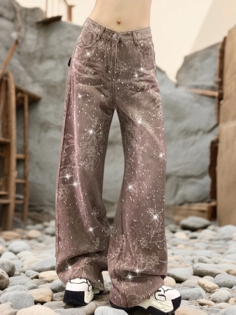 

Модные свободные широкие джинсы с принтом в стиле ретро, утягивающие женские повседневные брюки с высокой талией и бриллиантами, весенний сезон