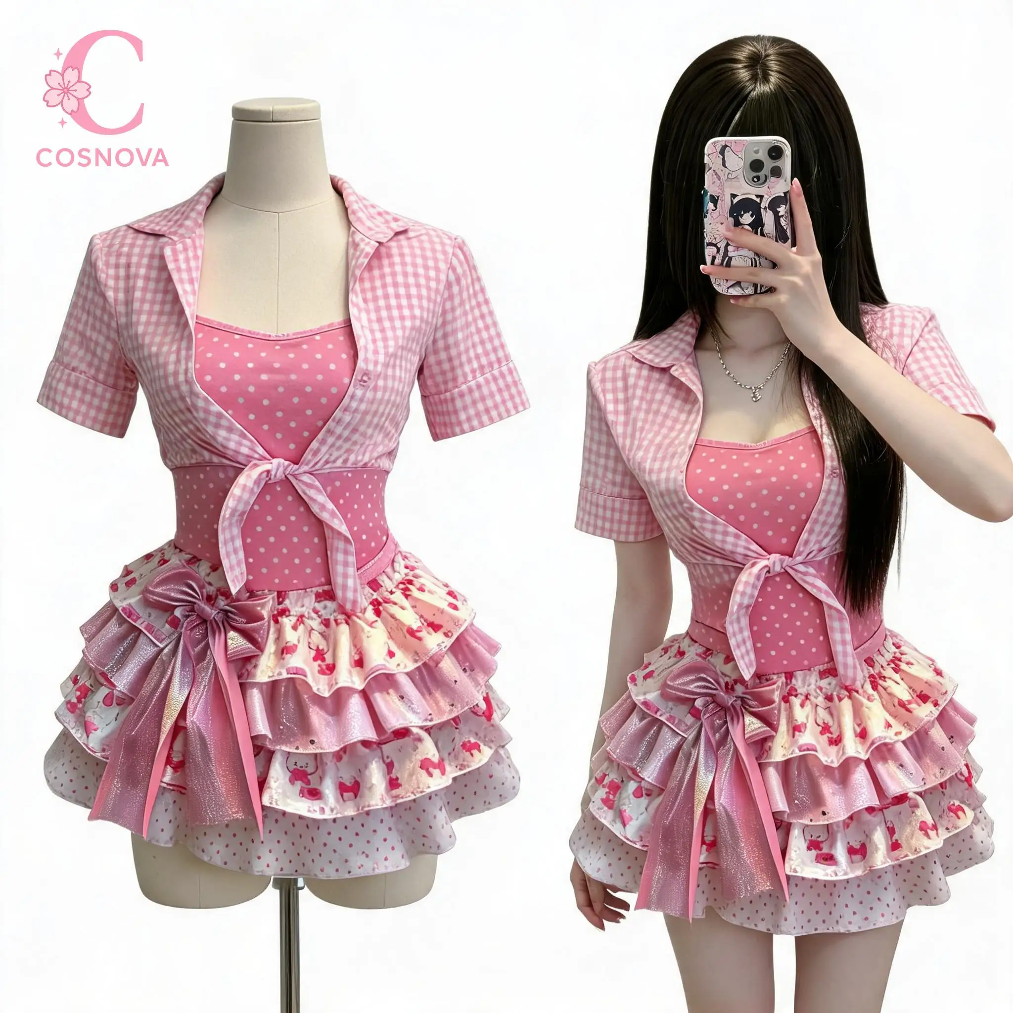 Комплект из 3 предметов в стиле Y2K Kawaii Harajuku: милый топ-камизоль в горошек и клетку с бантом, многоярусная юбка с мультяшным принтом, наряд для вечеринок