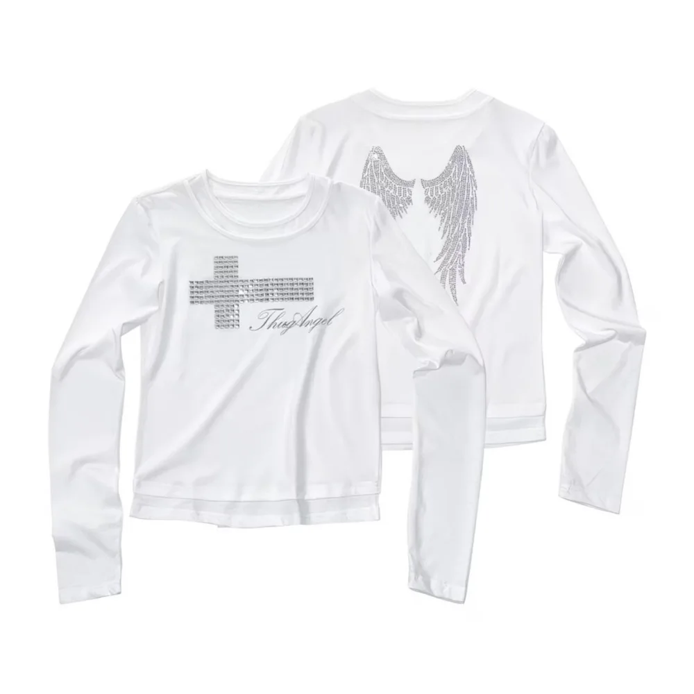 Street fashion, short slim female T-shirt, hot drilling pattern design,rivet decoration,Y2K spice girl style long sleeve T-shirt