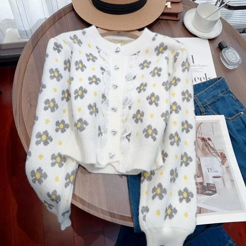 

Autumn Winter Coat Cardigans High End Luxury Designer Clothes Vintage Sweet Sweater Knit Cardigan Lace Cropped Jacket