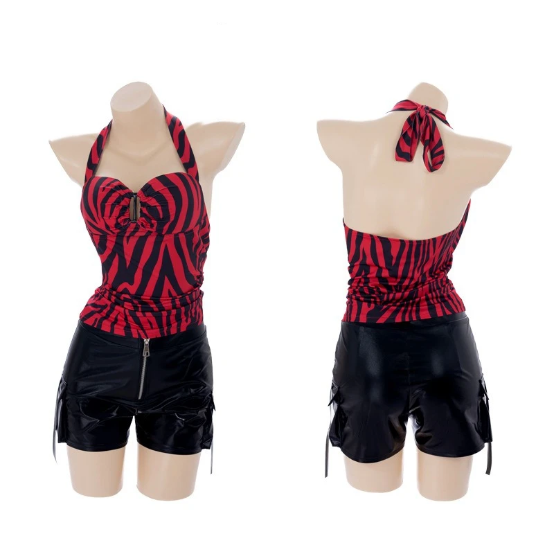 Costume de cosplay Obsession Nikki, haut à col licou zébré, short cargo en similicuir, vêtements de style punk streetwear, tenues de déguisement pour Halloween et le carnaval.