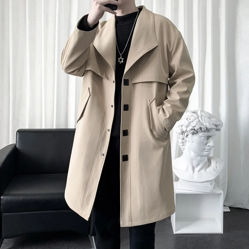 

Men's Casual Long Coat Spring Autumn New Sle Advanced Design Windbreaker Jaet Button Decoration Loose Fit Youth Faion