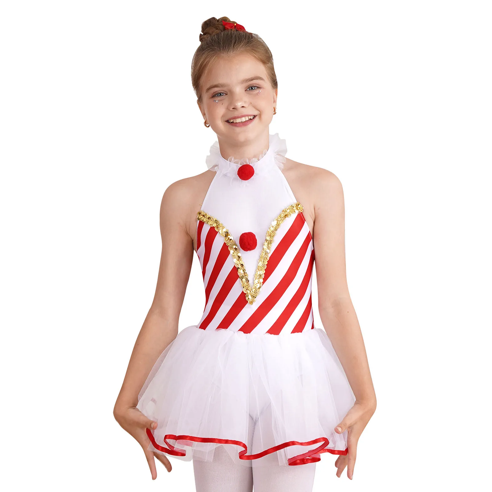 Kids Girls Christmas Dress Sleeveless Striped Print Candy Cane Leotard Tutu for New Year Party Ballet Dance Cosplay Performance