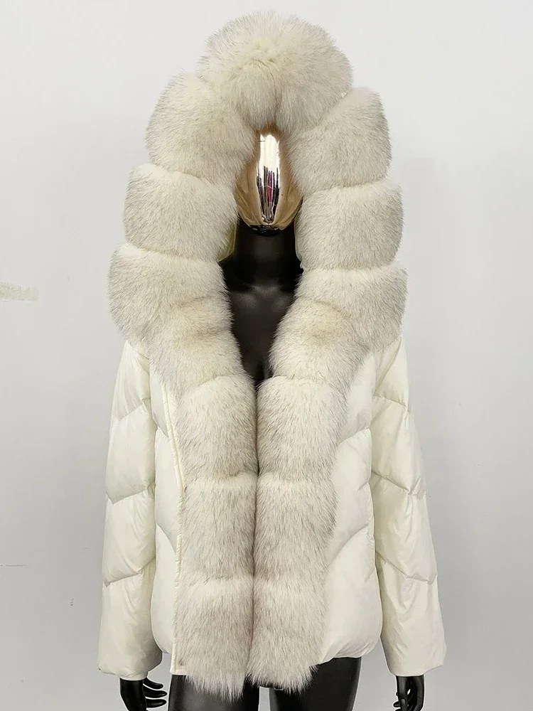 2025 جديد الشتاء سميكة الدافئة ملابس خارجية غير رسمية سترة المرأة الطبيعية ريال فوكس الفراء طوق مقنعين قصيرة الأبيض بطة أسفل معطف #6