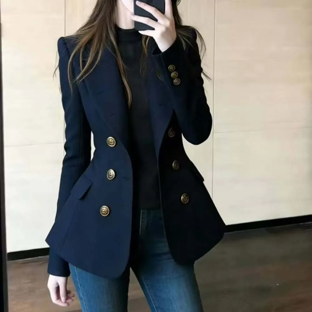 Navy blue premium French double-breasted suit 2026 spring new model with its own aura commuter jacket top