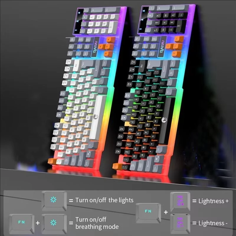 Raiku k26 Wired 104 Keys Membrane Keyboard Types Colorful Lighting Games and Office for Windows and IOS System